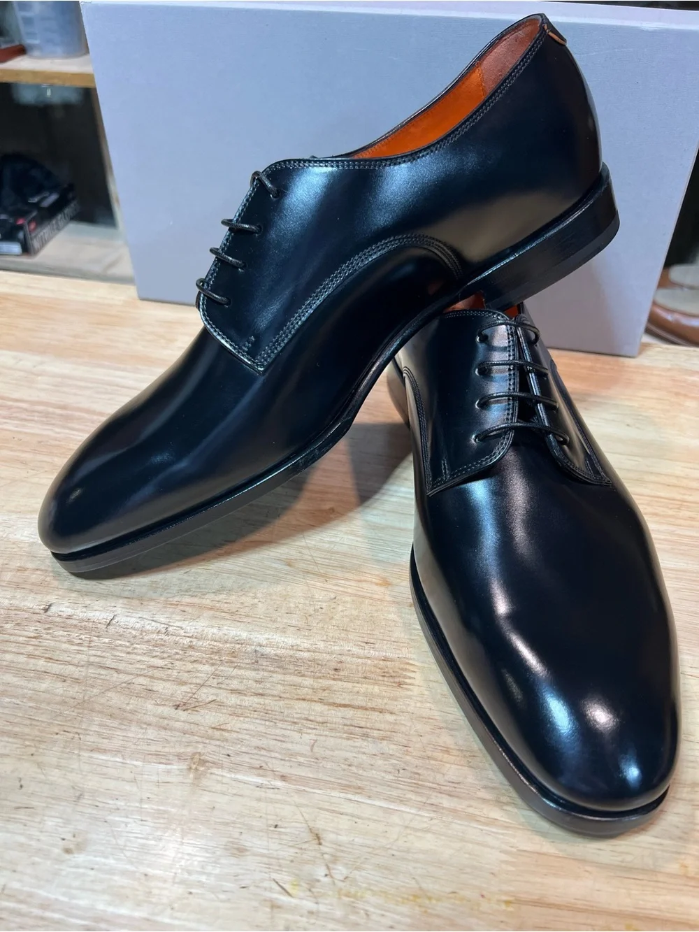 Santoni Archer Black Calfskin Leather Plain Toe Derby Shoes US 11M Made In 🇮🇹